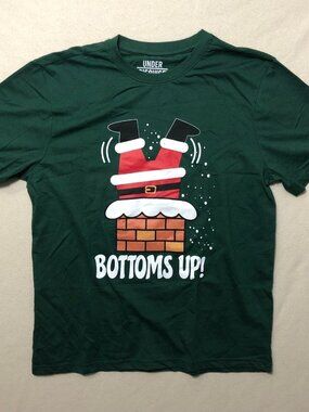 Under Disguise T-Shirt Mens L Green Christmas Short Sleeve Bottoms Up Graphic
